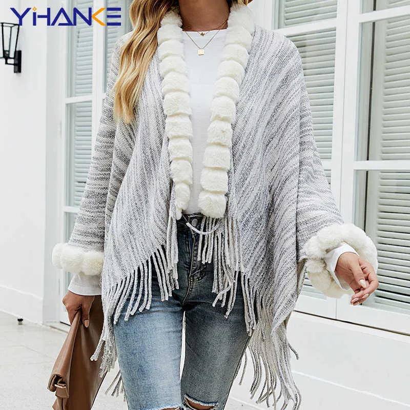 Women's Knits Tees Women's Striped Cape Fringed Shawl Knitted Cardigan Autumn Coat Scarf Jacket Coat Casual Poncho Abrigos Mujer Invierno T221012
