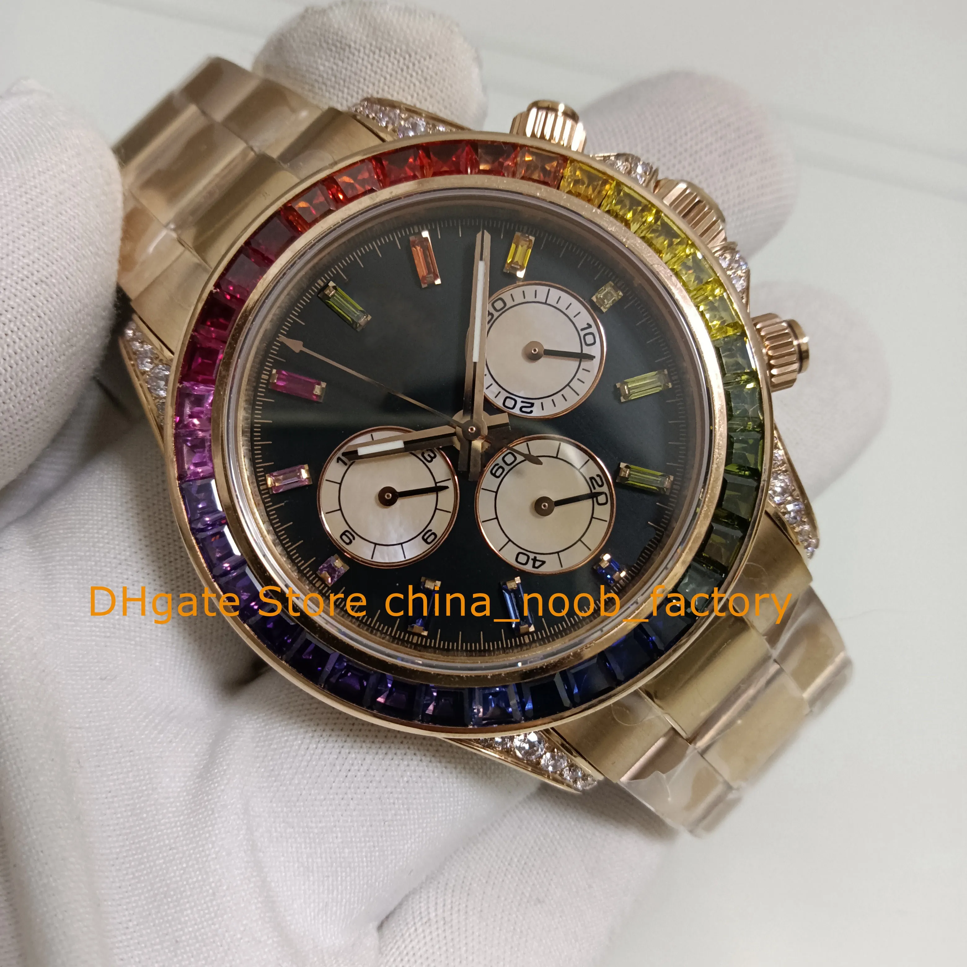 Automatic Chrono Watches for Mens 40mm Black Dial Rainbow Diamonds Bezel Rose Gold Bracelet Sport 904L Steel 7750 Movement Mechanical Chronograph Watch