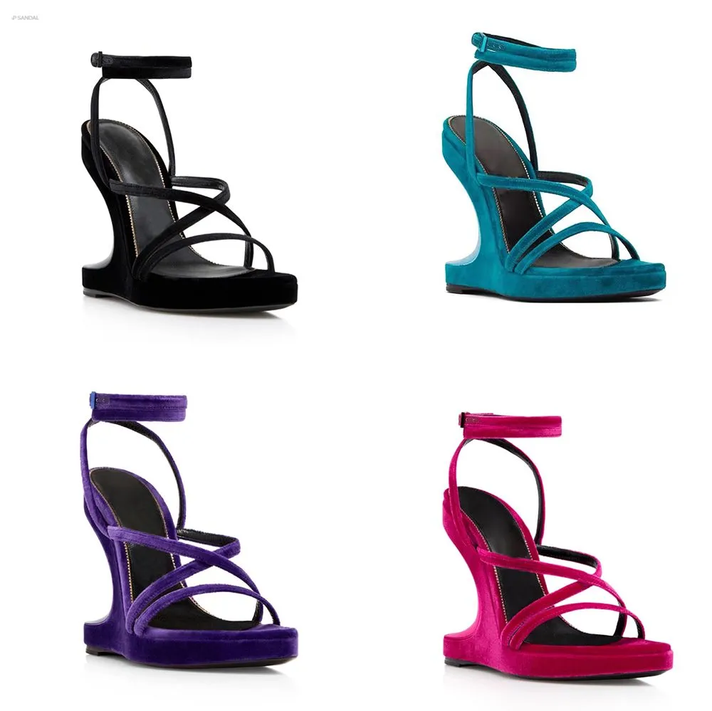 High Heeled Sandals Velvet Wave Wedge Ankle Wrap Sandal Platform Wedged