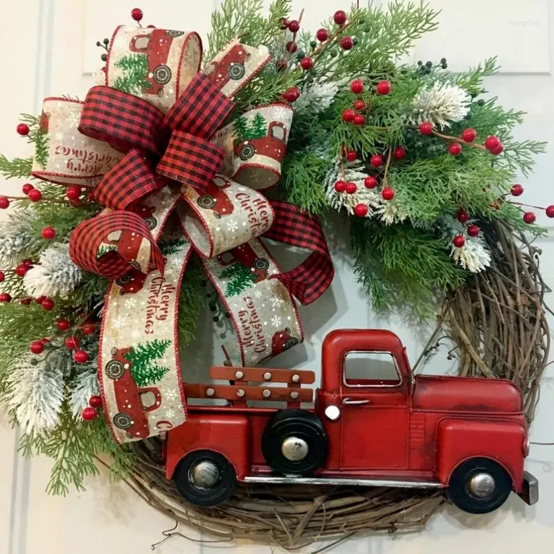 Decorative Flowers Red Truck Christmas Wreath Rustic Fall Front Door Artificial Garlands Farmhouse Hanging Festive Home Decoration Ornament
