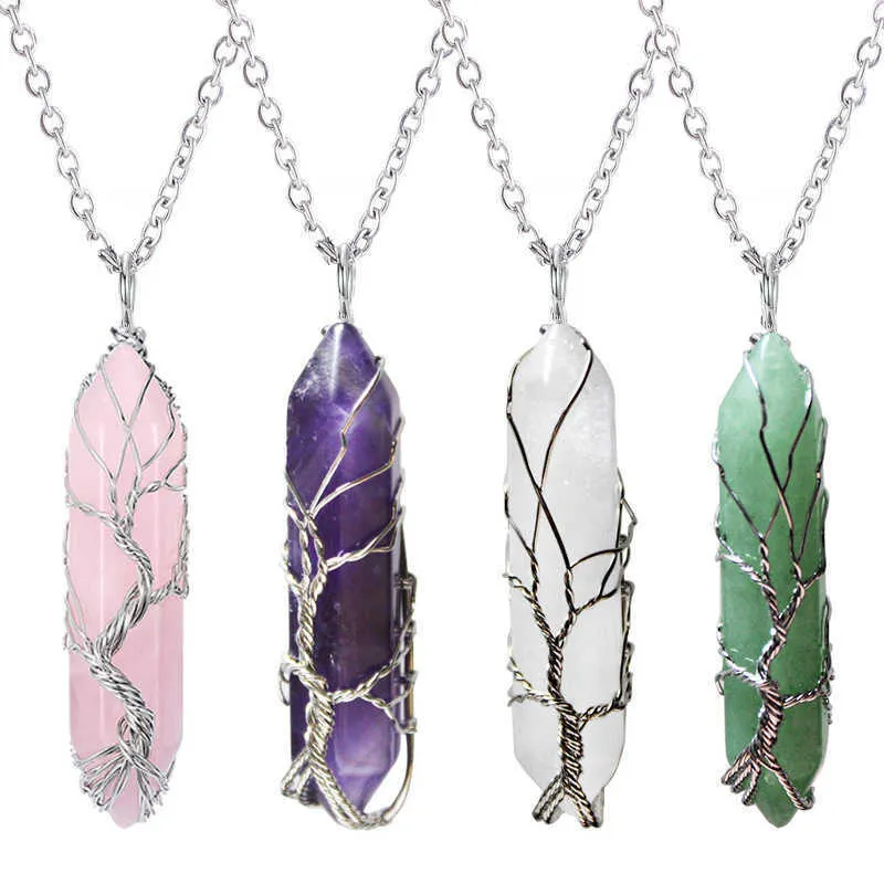 Healing Crystal Stone Necklace Tree Of Life Wire Wrapped Natural Hexagonal Points Pendant For Women Amethyst Turquoise Malachite Opal Rose Quartz Stone