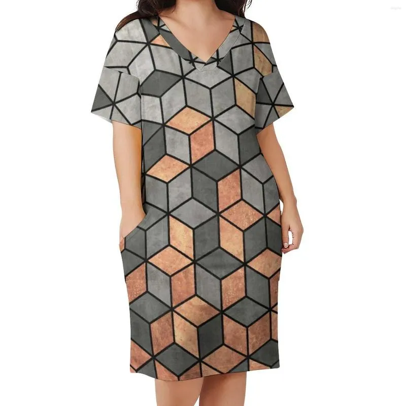 Plus Size Dresses Nordic Print Dress V Neck Concrete And Copper Cubes Trendy Fashion Cute Casual Ladies Graphic Clothing