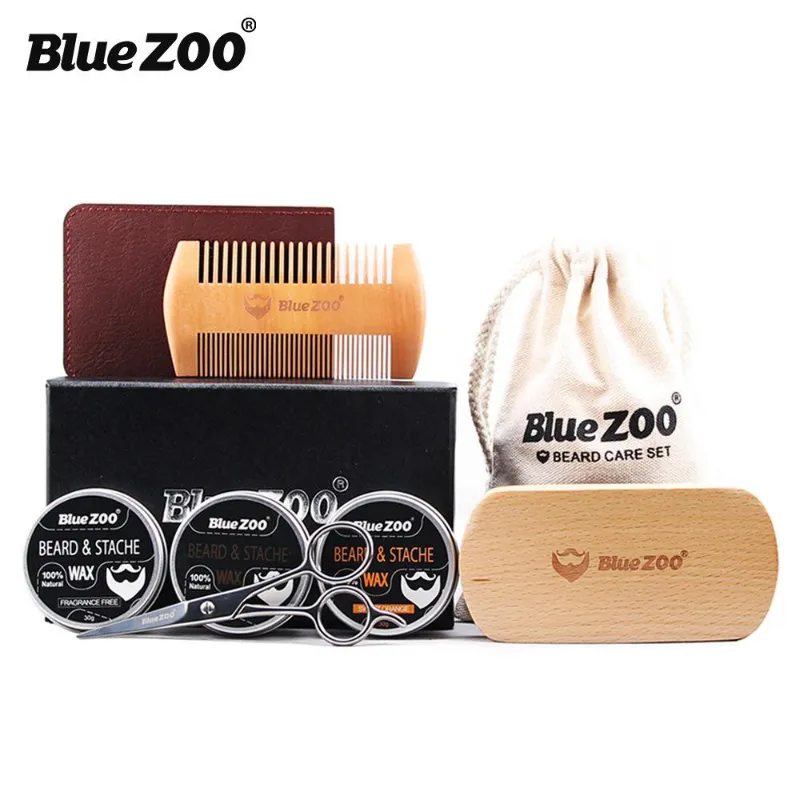 Aftershave Bluezoo 8 stks/Kit Natuurlijke Biologische Mannen Baard Scheren Balsem met Schaar Kam Tas Hydraterende 3xBeard wax 1xBrush