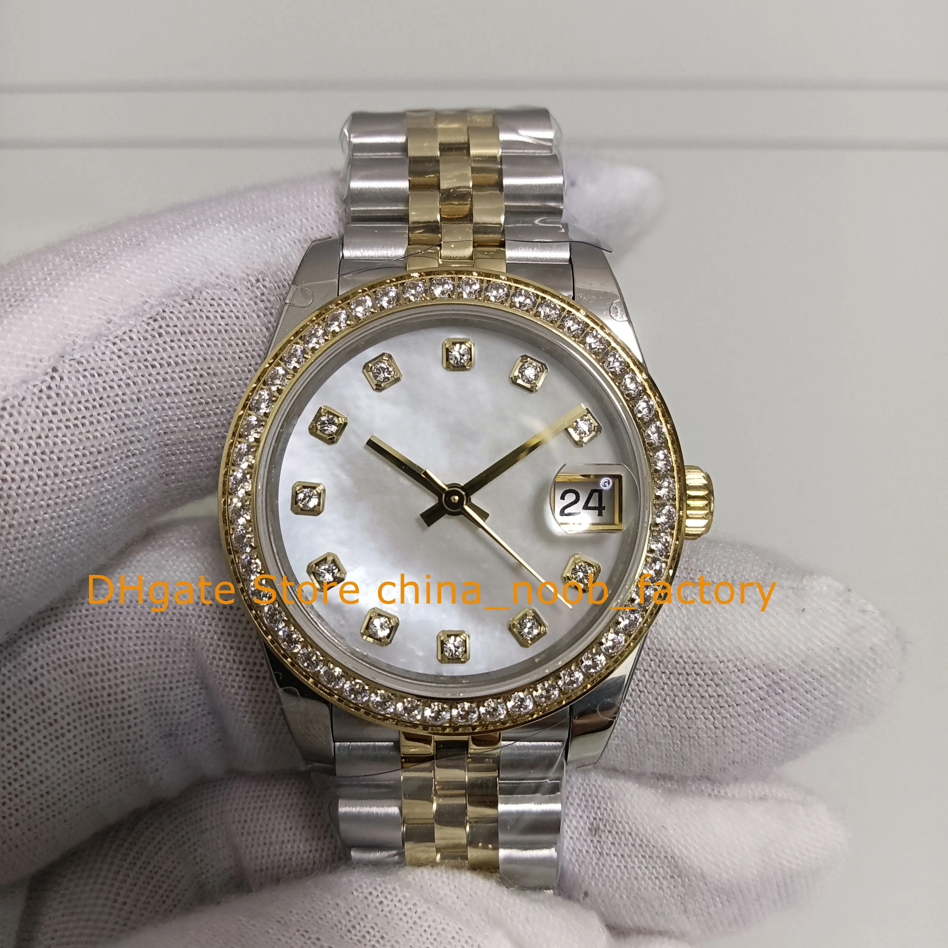 Relógio Feminino BP 31mm 18K Ouro Amarelo Aço Inoxidável Mop Mostrador Diamante Bisel Pulseira BPF Cla.2813 Movimento Automático Feminino Relógios Mecânicos