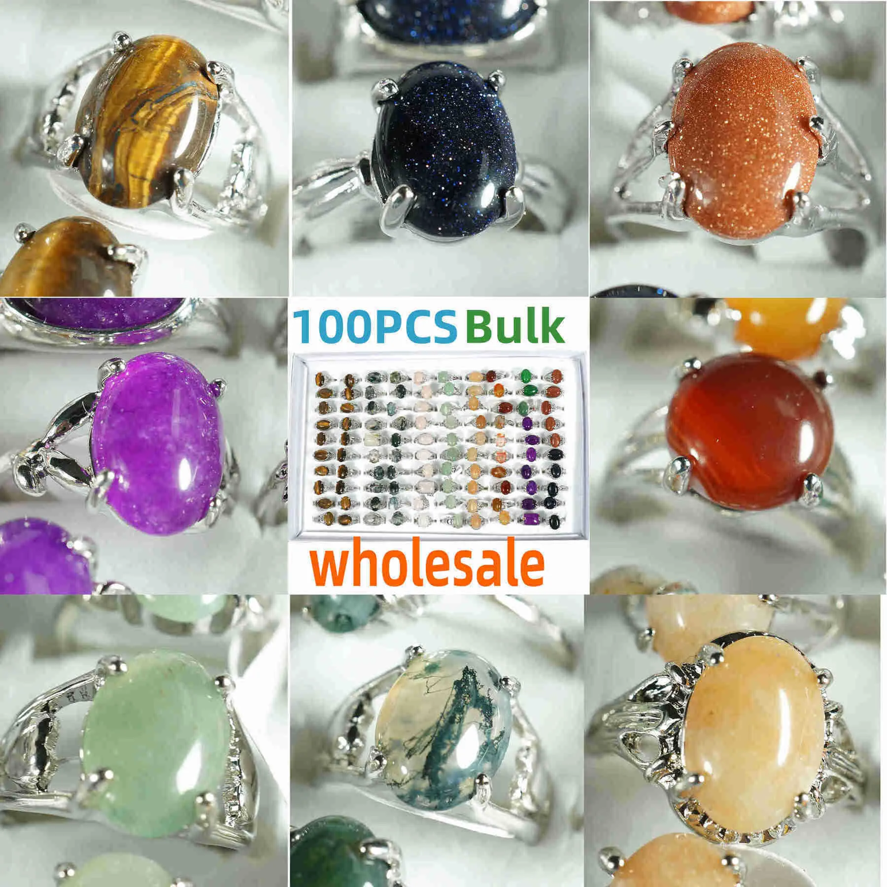 100 Pièces Boîte Mix Cristal Anneaux En Vrac En Gros Pierre De Guérison Bijoux Pour Femmes Oeil De Tigre Mousse Agate Rose Quartz Aventurine Rouge Gris Agate