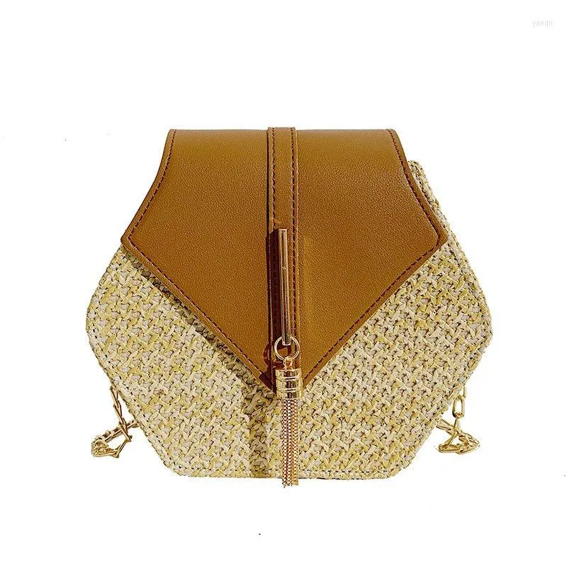 Kvällspåsar Hexagon halmväska för kvinnor 2022 Summer Woven Beach Crossbody Ladies Purses and Handbags Female Travel Simple Sac A DOS