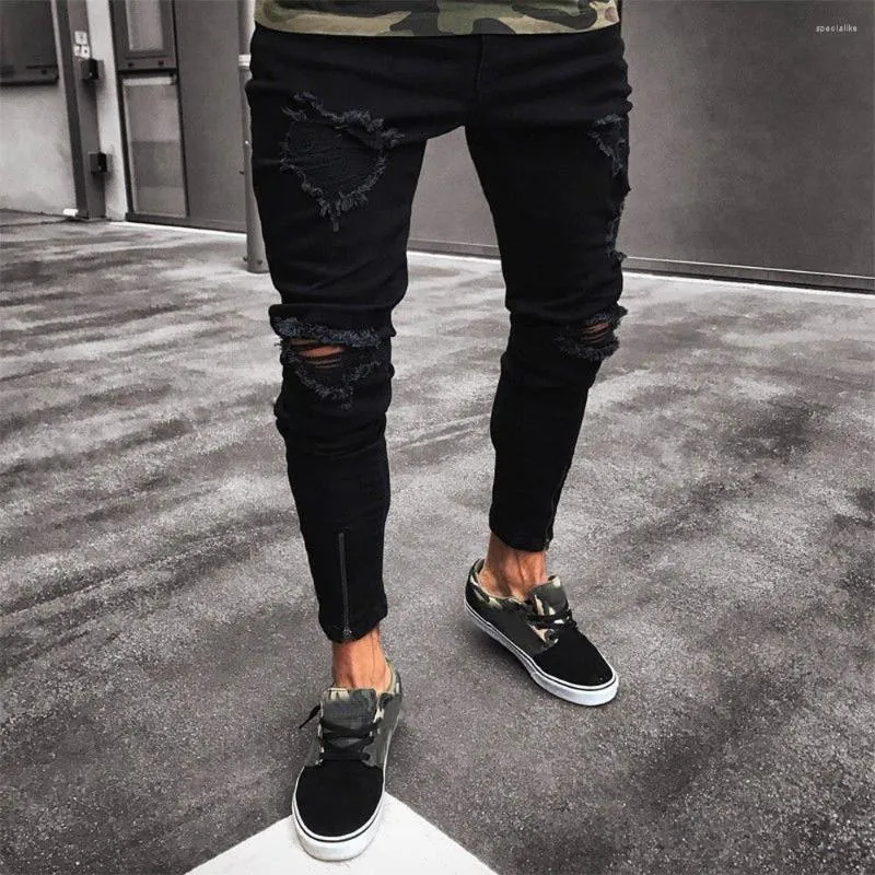 Pantalons pour hommes Hommes Slim Biker Zipper Denim Jeans Skinny Frayed Distressed Rip Pantalons Pantalones Hombre