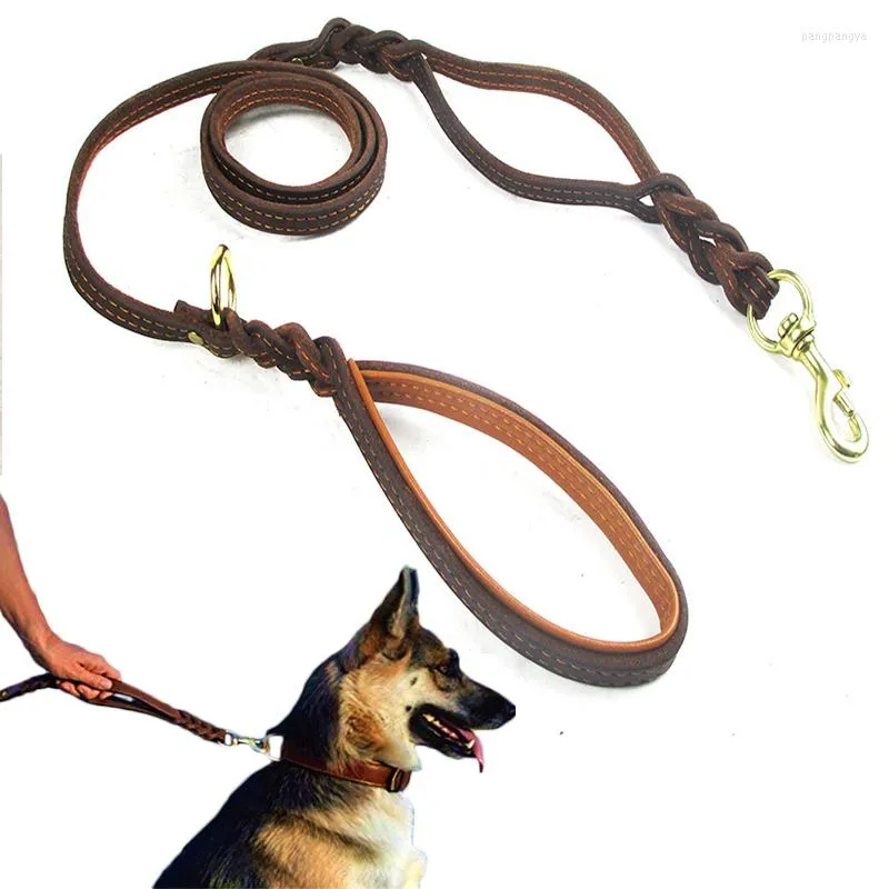 Dog Collars Suture Two Leash Genuine Leather Double Leashes P Chain Collar Adjustable Long Short Pet Walking Training Leads