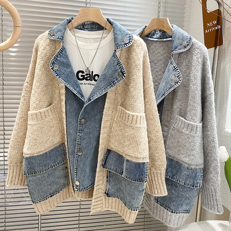 Women Cardigan Winter Jacket Fake Two Coat Knitted Clothing Korean Denim Patchwork Pockets Turn-Down Collar Outerwear New 2023