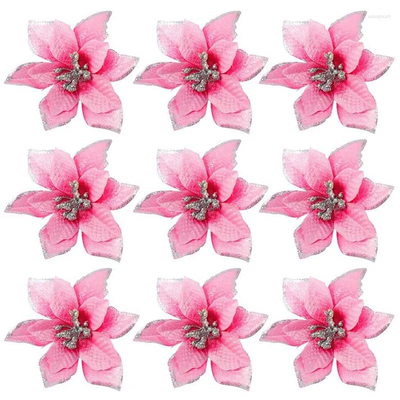 Dekorativa blommor 50 Pack Glitter Poinsettia Christmas Tree Ornaments 5inch Artificial Silk Picks Decor Wreath Garland (Pink)