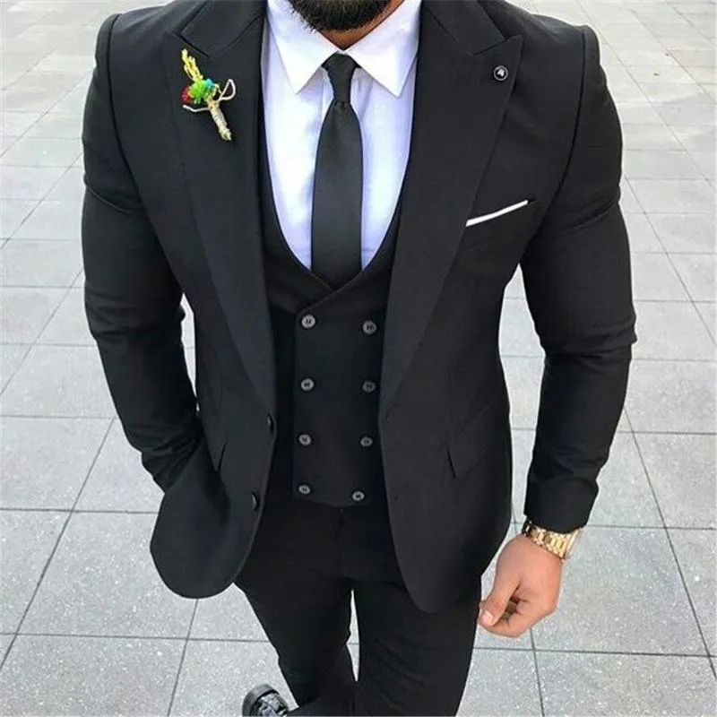 Men's Suits Handsome Groomsmen Peaked Lapel Groom Tuxedos Mens Wedding Dress Man Blazer Prom Dinner 3 Piece Suit Jacket Pants Tie Vest