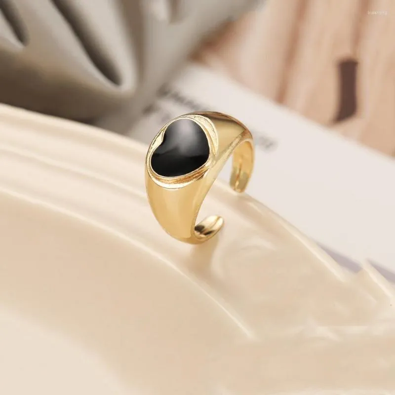 Обручальные кольца Женщины Эмаль черное красное сердце для золотого цвета регулируемое открытое кольцо корейская пара ювелирные украшения.
