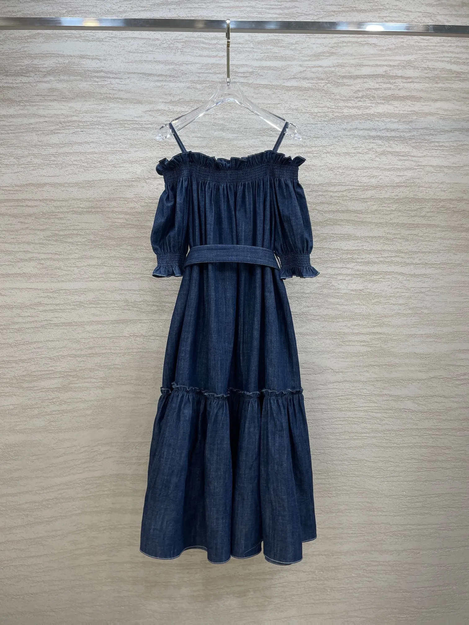 white christmas dresses Off Shoulder Ruffle Sleeves Denim Blue Maxi Dress Boho Dress for  Photoshoots YW250070 – yewendress main image 0