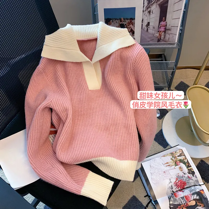Tröjor kvinnor koreansk stil chic rosa pullovers mode enkel stickad höst vinter långärmad lös ribben varm 2023