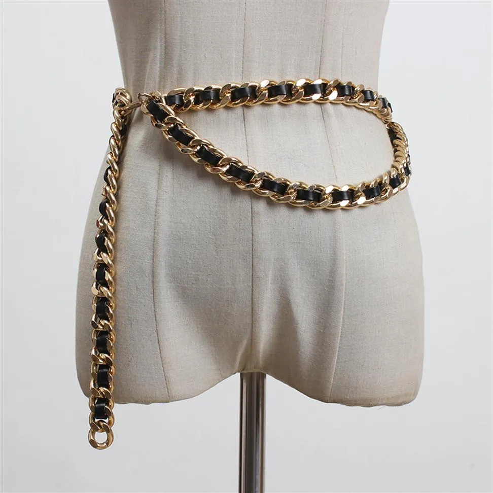 Pu Leather Black Metal Chain Split Joint Long Belt Personality Women New Fashion Tide All-match Spring 2021227q