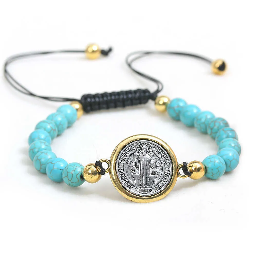 Catholic Ajustável Saint Benedict Rosário Rosário Turquoise Bracelete Pulseira de Oração de Breads