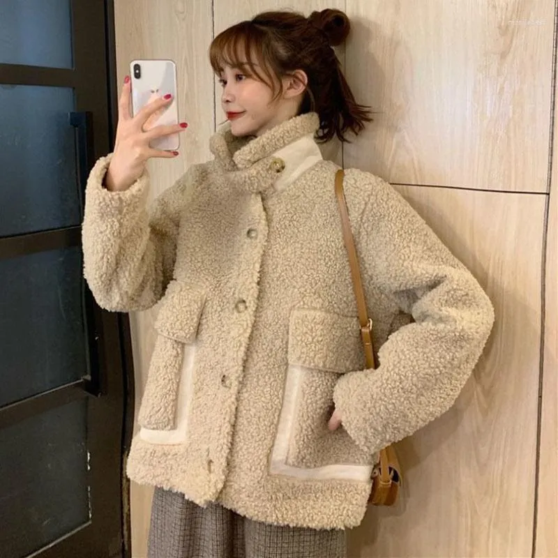 Women's Fur Cashmere Jacket Loose Thicken Warm Casual Overcoat Korean Turn-down Collar Pocket Winter Lamb Wool Coat Women