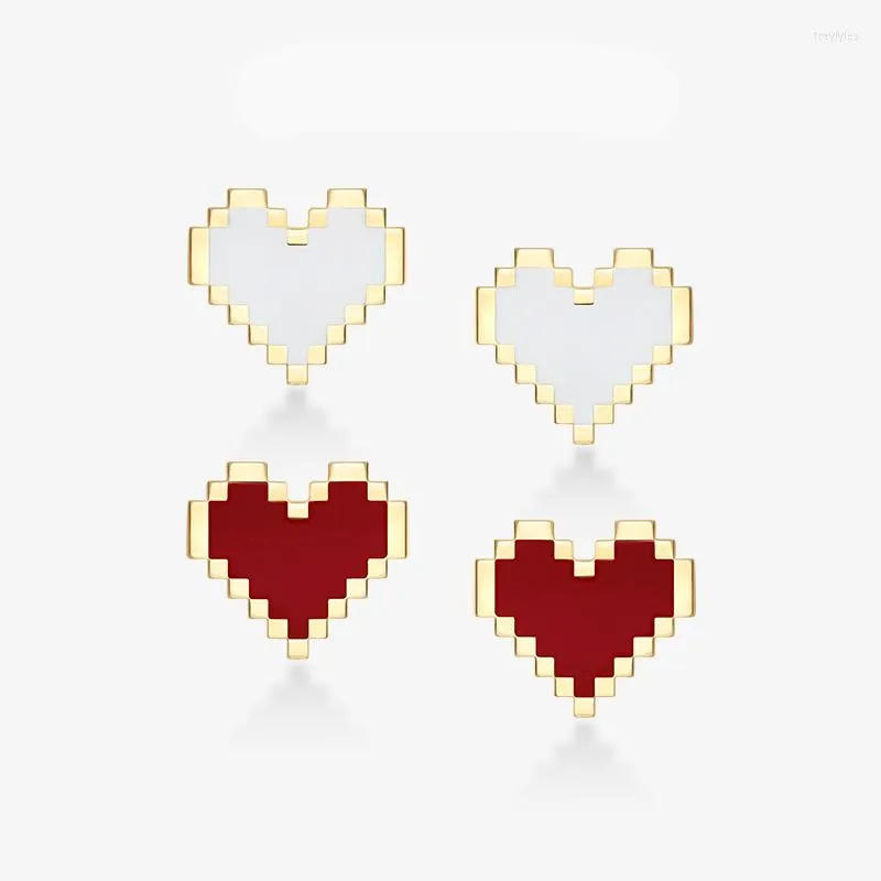 Stud Earrings Fashion Real 925 Sterling Silver Yellow Gold Color Red And White Pixel Love Heart For Women Brand Jewelry