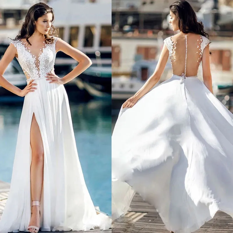 Robe De mariée Illusion, décolleté transparent, fendue sur le côté, sur mesure, 2022