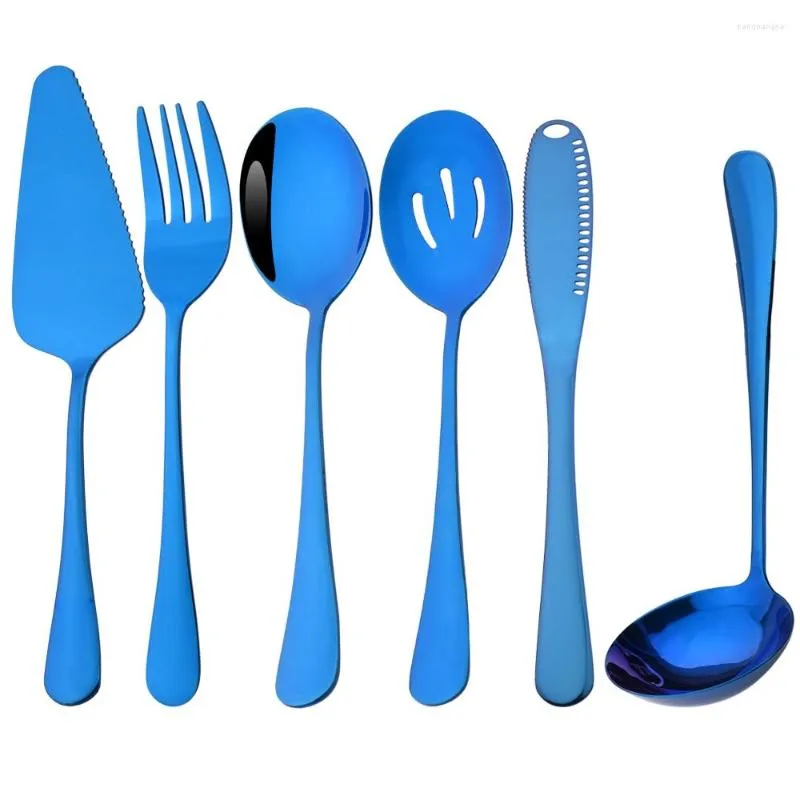 Servis uppsättningar spegel blå rostfritt stål bestick 6st service sked serverande gaffel durkuland plattvaror västerländsk köksbordsartiklar