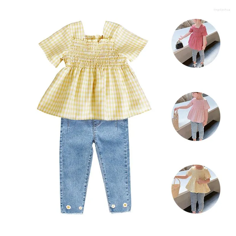 Kläderuppsättningar 2022 Summer Girls 'Jeans Suit Plaid Short Sleeved Top Cute Baby Shirt och denim beskuren tvådelar 2-10 år gammal flicka