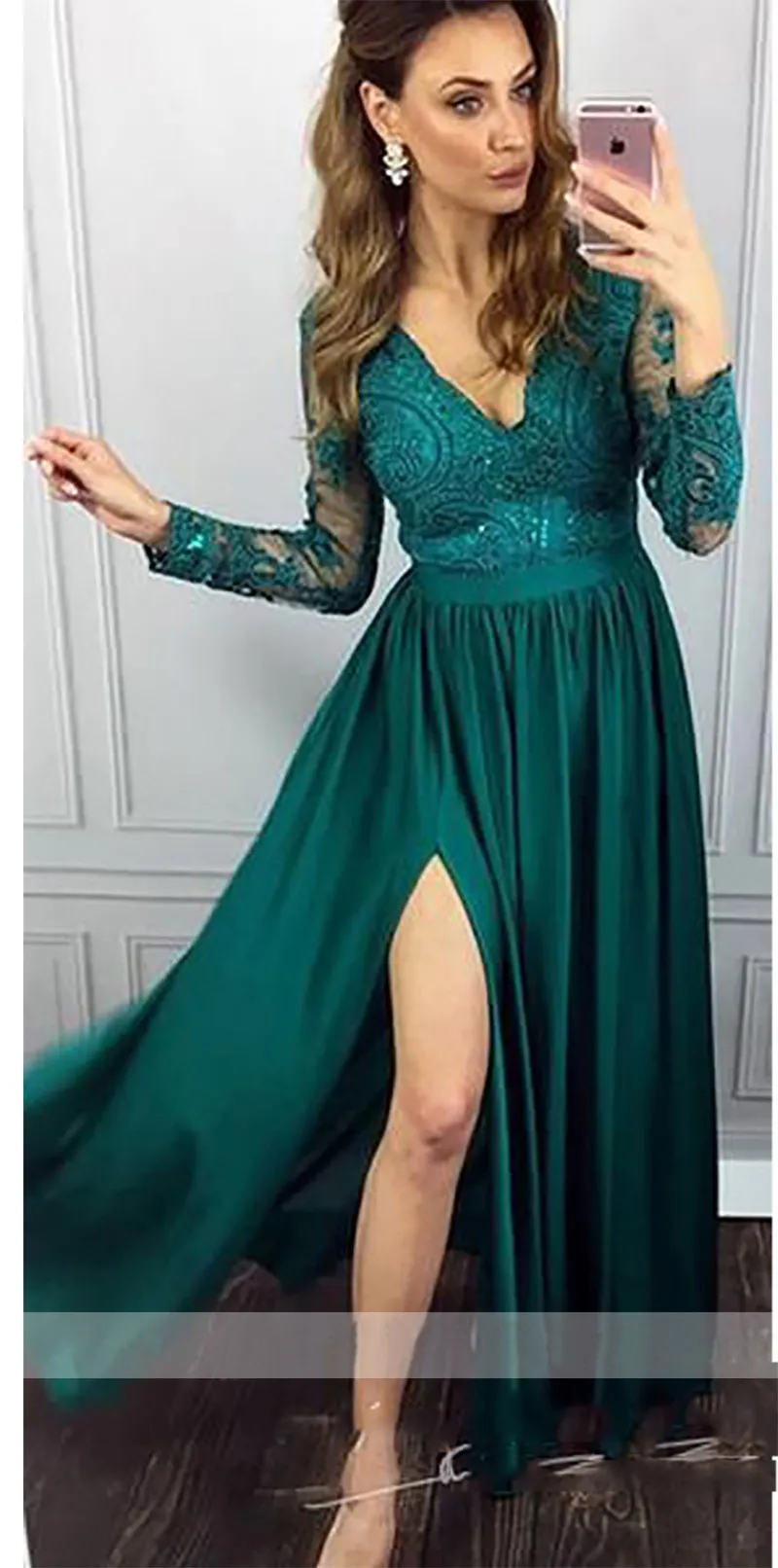 butterfly print evening dress Slate Blue V-Neck Lace Illusion Sleeves Mother Of The Bride Dress With main image 1