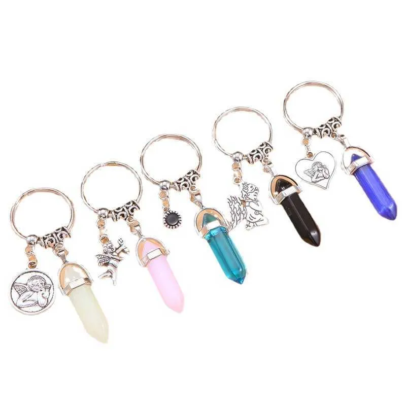 Cristal Porte-clés Hexagone Pierre Point Pendentif Ange Charme Porte-clés En Vrac En Gros Yoga Cadeaux pour Femmes