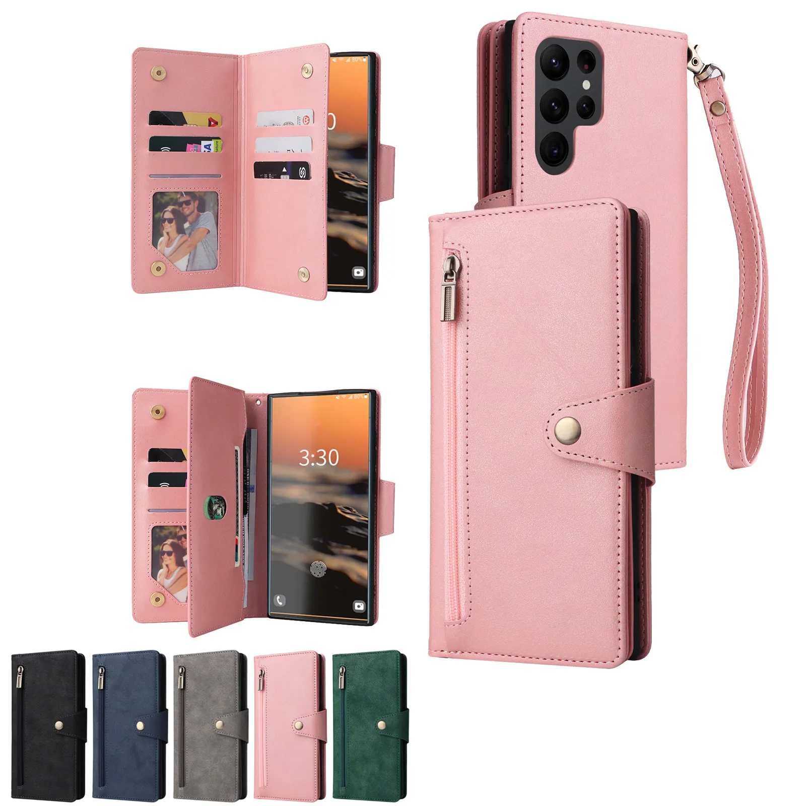 Shockproof PU Leather Zipper Card Slots Wallet Cases For Samsung Galaxy S23 Ultra S22 S21 FE S20 Plus Note 20 A53 A33 A73 Flip Stand Phone Cover Funda