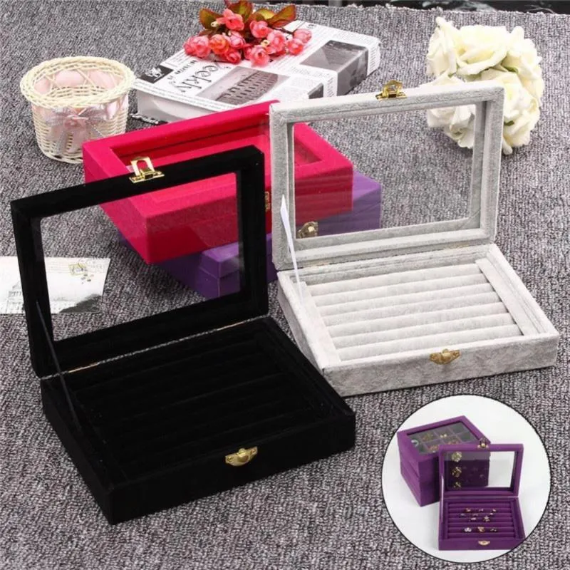 Smyckesp￥sar Tray Ring Glass Storage Box Velvet Rings Stud￶rh￤ngen Display med lock