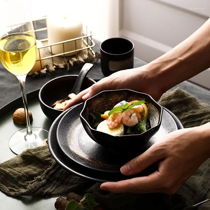 Dinnerware Sets LingAo Japanese Retro Porcelain Tableware Pure Color Sushi Tray Salad Bowl Ramen Big El Restaurant Plate Cup