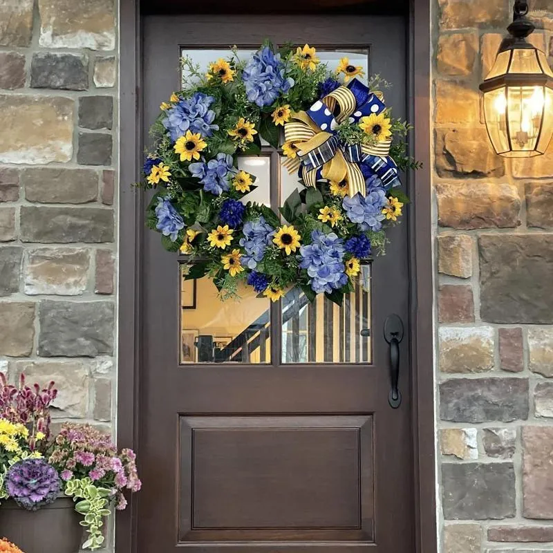 Couronne de fleurs décoratives en tournesol, drapeau ukrainien, pour porte d'entrée, printemps artificiel de 18 pouces, pour maison, porche, mur de ferme