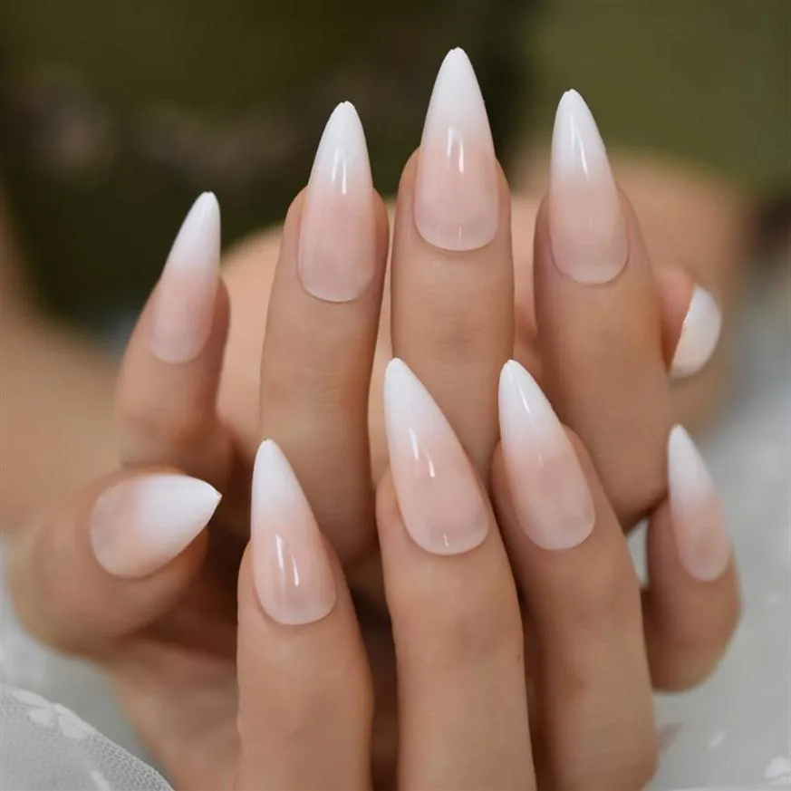 Glossy ombre French Stilettos Faux Nails Gradient Pink Nude Long Sharp Artificiel UV False Salon Party Tips Nail Faux Ongle2393