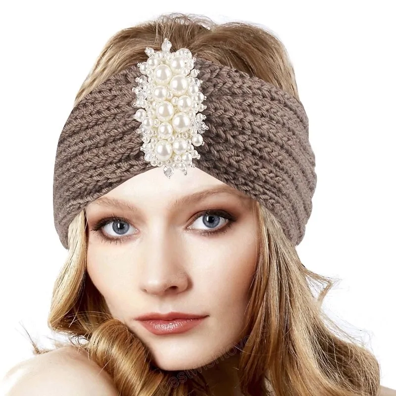 Kvinnor Pearl Wide Sticke Cross pannband flickor handgjorda hårtillbehör Autumn Winter Headwear Ear Warmer Elastic Hair Band