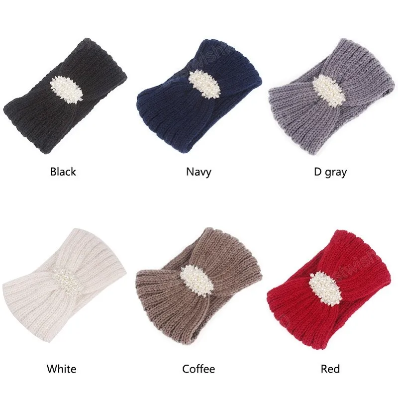 Kvinnor Pearl Wide Sticke Cross pannband flickor handgjorda hårtillbehör Autumn Winter Headwear Ear Warmer Elastic Hair Band