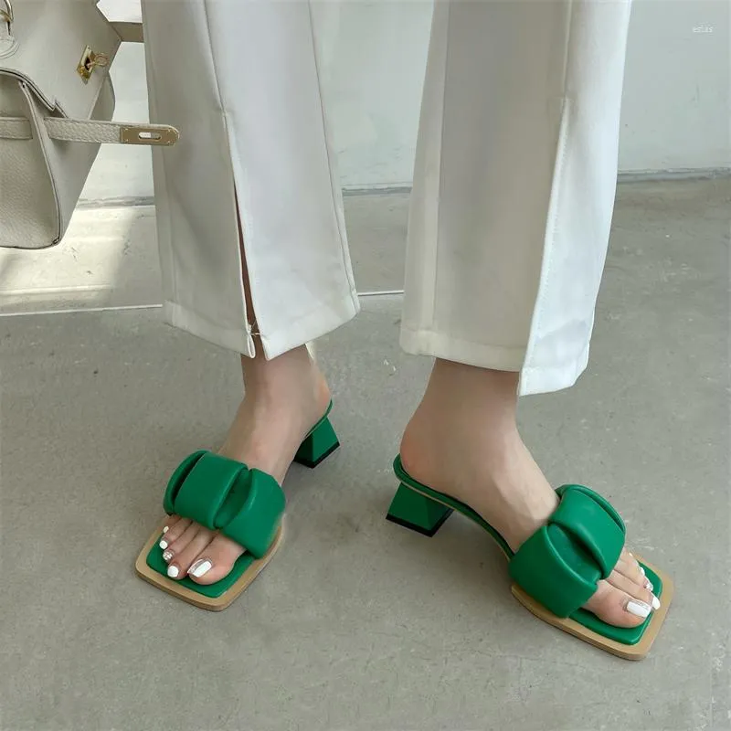 Sandals Low Heeled Ladies Slippers Yellow Block Heels Casual Summer Shoes Green PU Leather Women Sandales Femmes