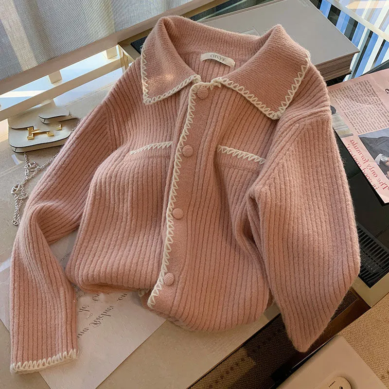 Mulheres Cardigan Vintage Sweater grosso coreano chique chique com nervura doce casaco de peito único outono inverno quente 2023