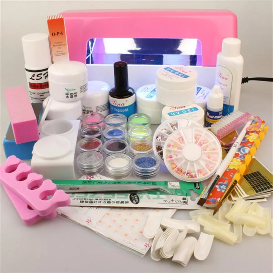 Easy Nail art base set Pro Full Acrylic Powder UV Gel Brush Pen 9W Lamp Glitter Brushes Files DIY Manicure kit244V