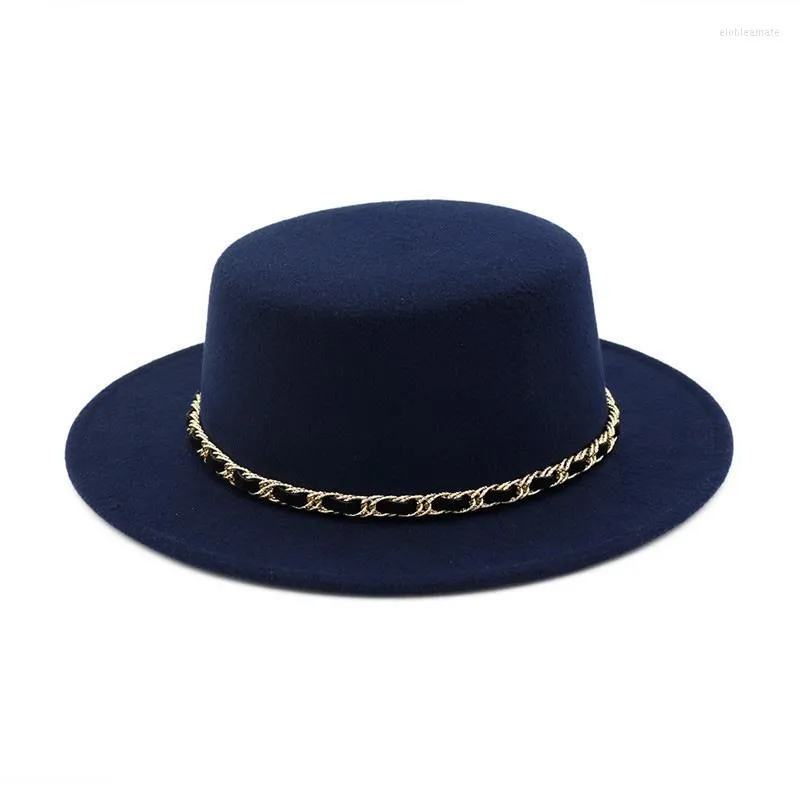 Bérets Unisexe Imitation Laine Feutre Ceinture Boucle Décoré Dames Canotier Chapeau Plat Bord Rétro Hiver Automne Femmes Hommes Top Cap HF86