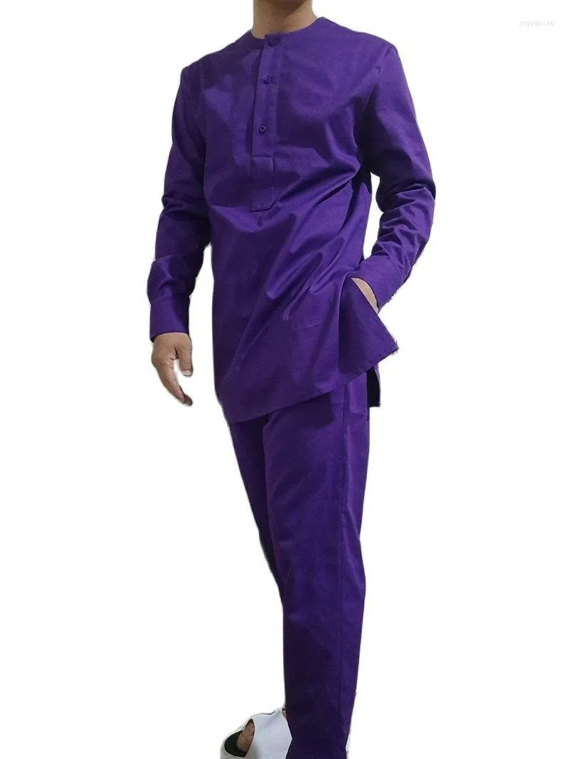 Ethnic Clothing Cotton Men Suit Koszulka Match Pant Zestaw Solid Purple Tops Spodni Festival African Corch Wear