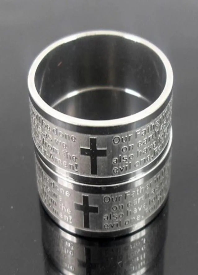 25pcs Etched Silver Mens English Lord039s prayer stainless steel Cross rings Religious Rings Men039s Gift Whole Jewelry 9209439