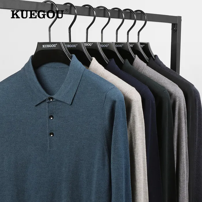 Męskie swetry Kuegou Autumn Winter Men Sweater Polo Shirt Kllar Long Rleeves Pullovers Jakość Slim Knitt Wool Blend Warm Top 721 221121