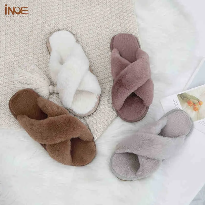 INOE Chaud Doux En Peluche Fourrure Femmes Casual Pantoufles D'hiver Slip Confortable Sur La Maison Chaussures Fausse Fourrure De Lapin Confortable Maison Loisirs Appartements J220716