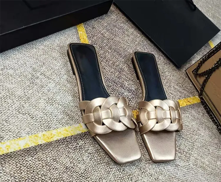 All-match gebreide riem slipper dames zomer krokodil lederen vierkant teen zwart patent lederen flip-flops plat vakantie strand sandalen