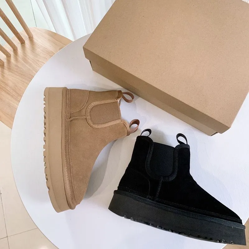 Botas Austrália Preto Castanho Neumel Plataforma Chelsea Shearling Camurça Bota Feminina para Neve Botim Botim Pele de Ovelha Lã Forrado com Pele