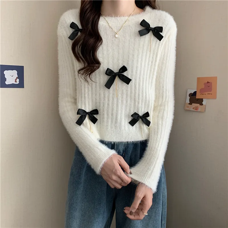 Pull en laine mohair à col rond pour femmes pulls courts tricotés avec nœud mignon