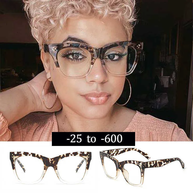Óculos de sol Frames myopia coses mulheres sexy leopard square vintage transparente óculos de óculos de molduras prescrição de moda espetáculos 0 a - 6.0 T2201114