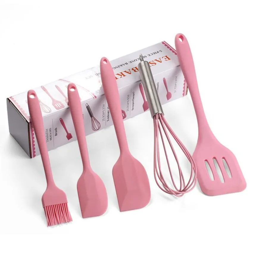 5pcs/lot Silicone Cooking Tool Sets Includes Small Brush Scraper Large Scraper Egg Beater Spatula for Baking and Mixing Wholesale C1121