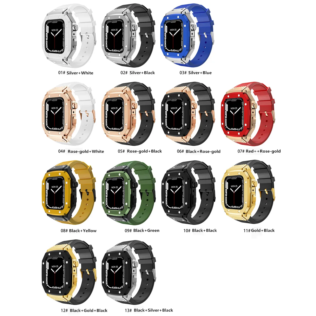 Metal Alloy Case Cover Silicone Band Smart Straps DIY AP Watches Modification Kit fit iWatch 8 7 6 5 4 SE Rubber Strap for Apple Watch Series 8 7 45mm 44mm