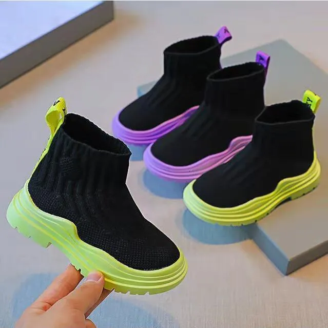 Boots Boy Girls Shoos Neps Spring High Top Boots Bootsableting Stech Flying Knitting Kids's Sports All Match 221121