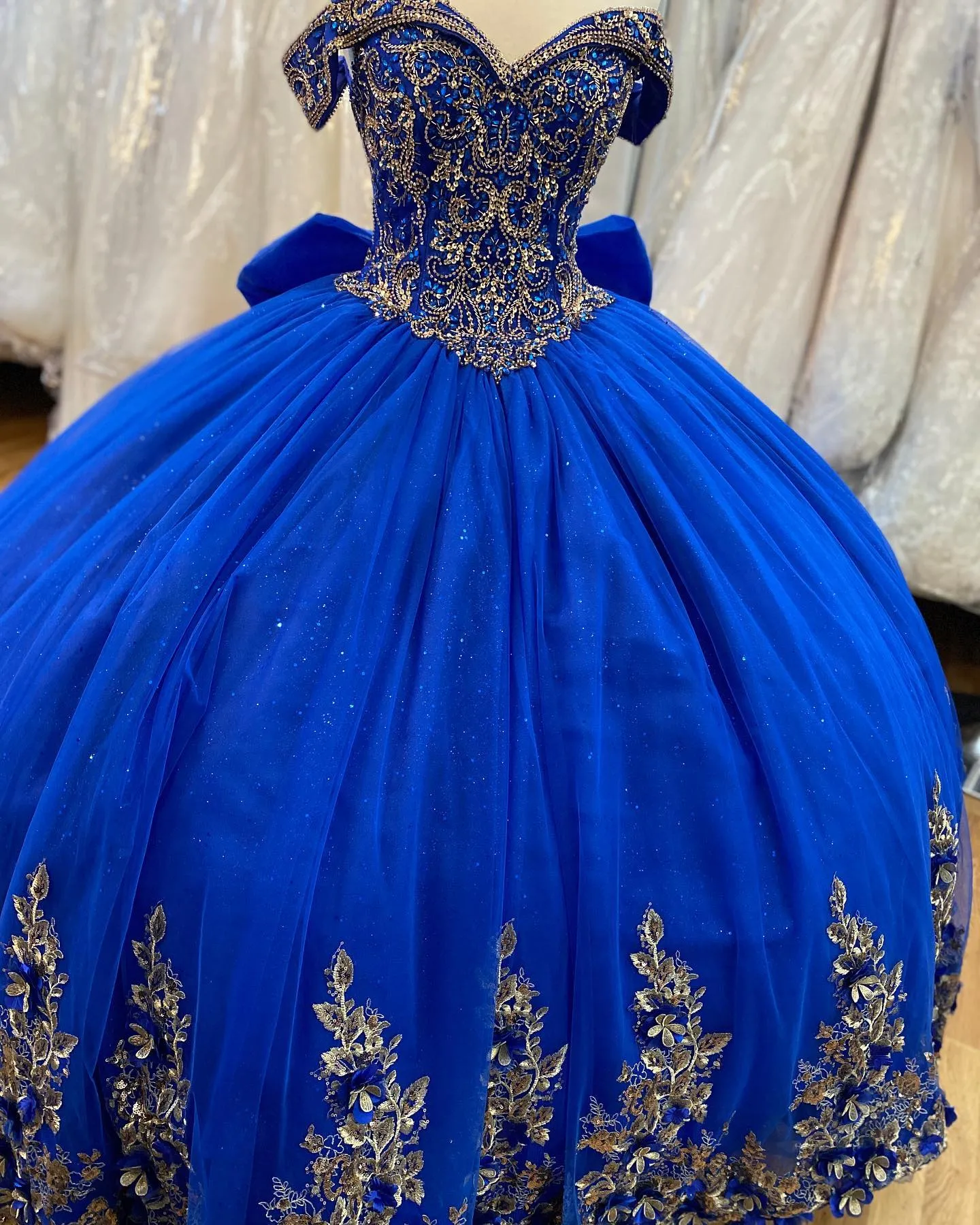 Royal Blue Floral Quinceanera Dresses 2023 Bow Plus Size Ball Gown Masquerade Princess Girl Glitter Long Sweet 16 Prom for 15 Years Off-the-Shoulder Quince 15 Beading